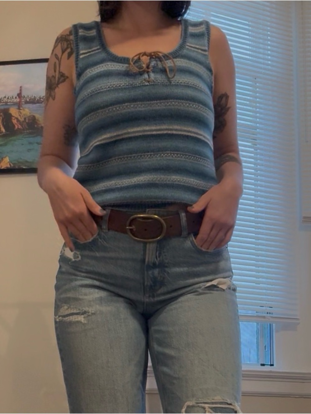 Ralph Lauren Blue Striped Knit Tank Top with Lace-Up Neckline